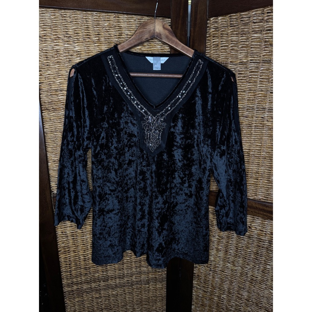 Whimsigoth Black Crushed Velvet Cold Shoulder Beaded V-Neck Top Medium witchy